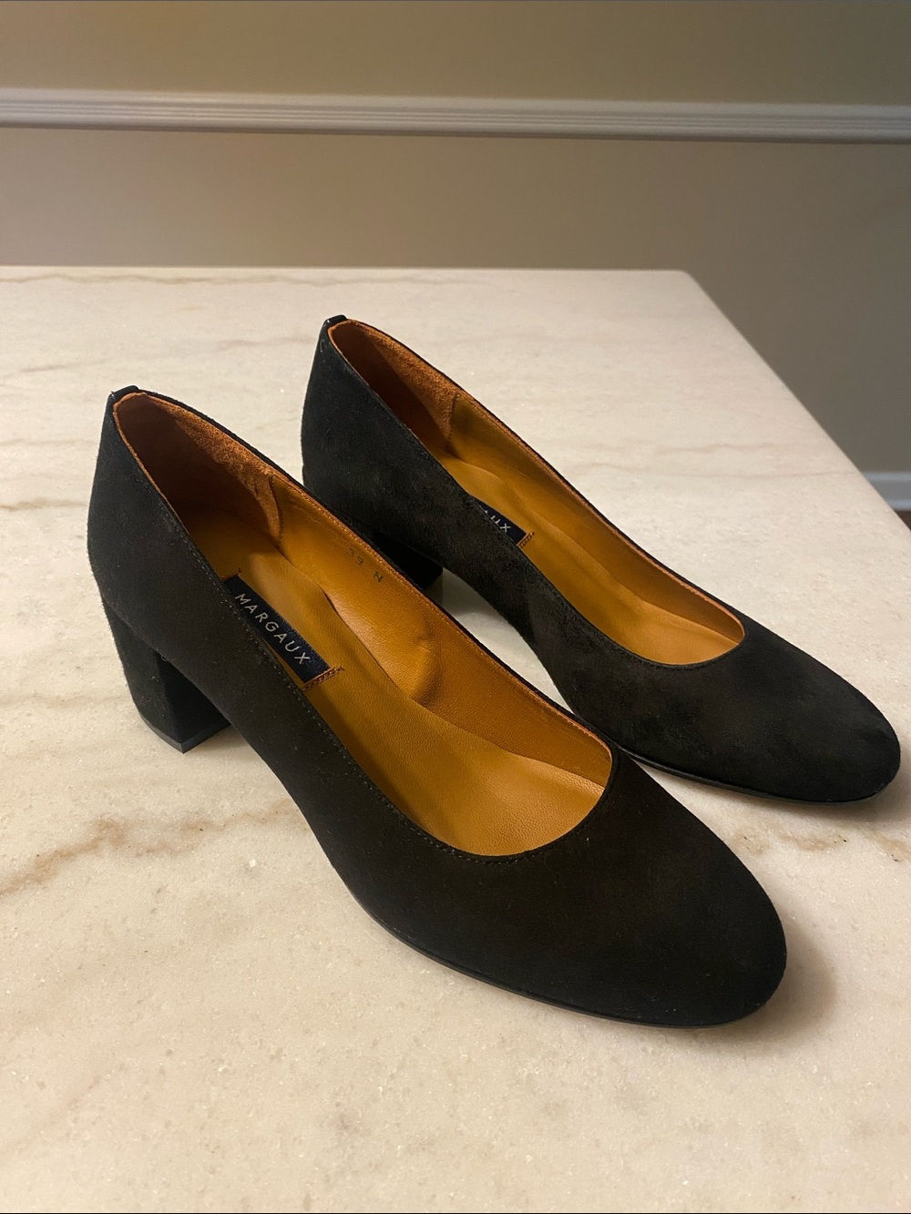 Margaux Black Suede Mid Block Heel Pumps size 39 is US8